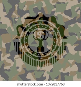 trophy with money symbol inside icon inside camo texture
