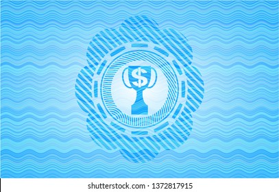 trophy with money symbol inside icon inside sky blue water wave style emblem.