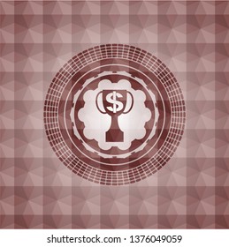 trophy with money symbol inside icon inside red seamless badge with geometric pattern background.