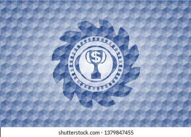trophy with money symbol inside icon inside blue badge with geometric pattern background.