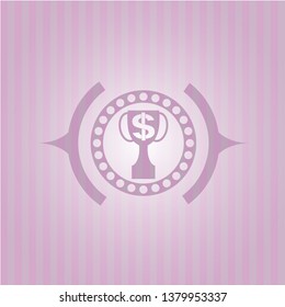 trophy with money symbol inside icon inside pink emblem. Retro