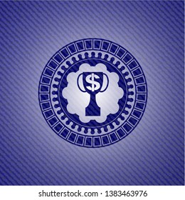 trophy with money symbol inside icon with denim texture