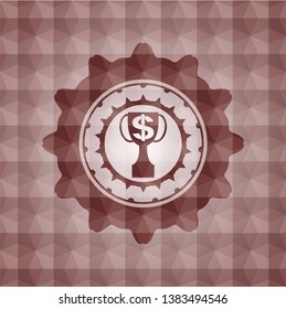 trophy with money symbol inside icon inside red polygonal badge. Seamless.