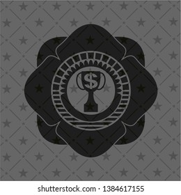 trophy with money symbol inside icon inside dark emblem. Retro