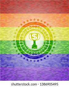 trophy with money symbol inside icon on mosaic background with the colors of the LGBT flag