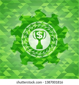 trophy with money symbol inside icon inside realistic green emblem. Mosaic background