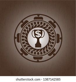 trophy with money symbol inside icon inside wood signboards