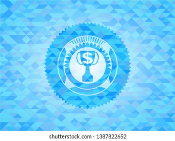 trophy with money symbol inside icon inside sky blue emblem with mosaic ecological style background