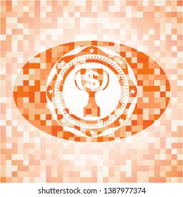 trophy with money symbol inside icon inside orange tile background illustration. Square geometric mosaic seamless pattern with emblem inside.