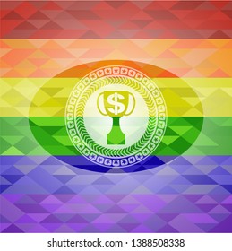trophy with money symbol inside icon on mosaic background with the colors of the LGBT flag