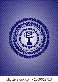 trophy with money symbol inside icon inside emblem with denim high quality background