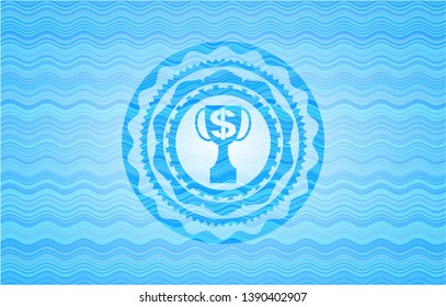 trophy with money symbol inside icon inside light blue water wave emblem.