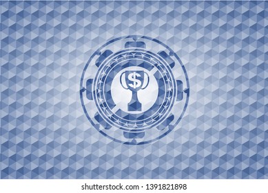 trophy with money symbol inside icon inside blue emblem or badge with abstract geometric pattern background.