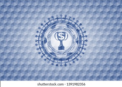 trophy with money symbol inside icon inside blue hexagon badge.