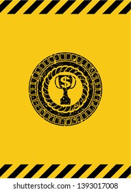 trophy with money symbol inside icon grunge black emblem with yellow background, warning sign. Vector Illustration. Detailed.