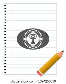 trophy with money symbol inside icon draw with pencil effect. Vector Illustration. Detailed.