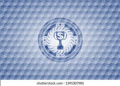 trophy with money symbol inside icon inside blue emblem with geometric background.
