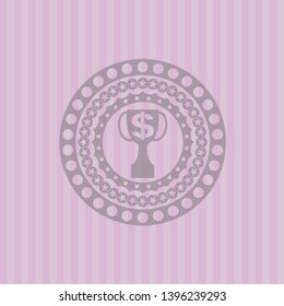 trophy with money symbol inside icon inside pink emblem. Retro