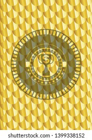 trophy with money symbol inside icon inside shiny golden badge. Scales pattern. Vector Illustration. Detailed.
