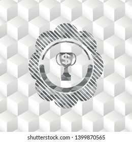 trophy with money symbol inside icon inside grey badge with geometric cube white background