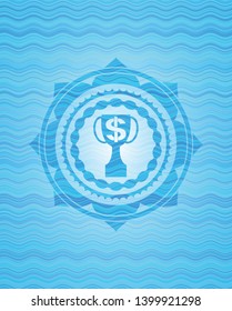 trophy with money symbol inside icon inside sky blue water badge.