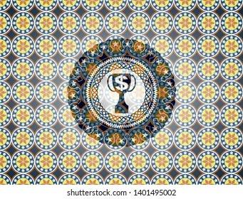 trophy with money symbol inside icon inside arabesque emblem. arabic decoration.