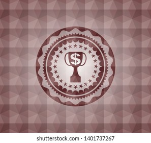 trophy with money symbol inside icon inside red geometric badge. Seamless.