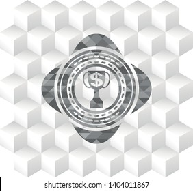 trophy with money symbol inside icon inside retro style grey emblem with geometric cube white background