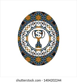trophy with money symbol inside icon inside arabesque style emblem. arabic decoration.