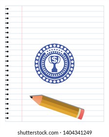 trophy with money symbol inside icon pen effect. Blue ink. Vector Illustration. Detailed.