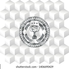 trophy with money symbol inside icon inside grey emblem. Vintage with geometric cube white background