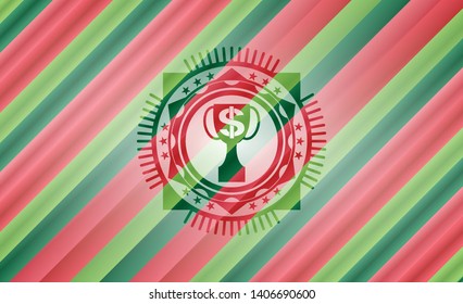 trophy with money symbol inside icon inside christmas colors badge.