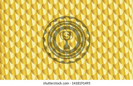 trophy with money symbol inside icon inside golden badge. Scales pattern. Vector Illustration. Detailed.