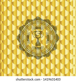trophy with money symbol inside icon inside gold emblem. Scales pattern. Vector Illustration. Detailed.