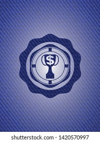 trophy with money symbol inside icon inside jean or denim emblem or badge background