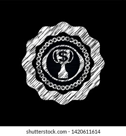 trophy with money symbol inside icon inside chalkboard emblem