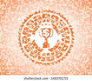 trophy with money symbol inside icon inside abstract emblem, orange mosaic background