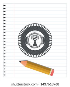 trophy with money symbol inside icon drawn with pencil strokes. Vector Illustration. Detailed.