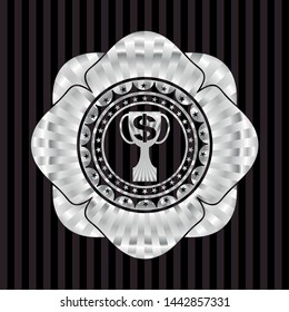 trophy with money symbol inside icon inside silver shiny badge