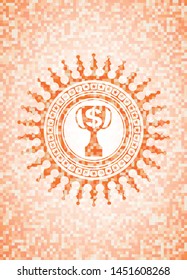 trophy with money symbol inside icon inside orange tile background illustration. Square geometric mosaic seamless pattern with emblem inside.