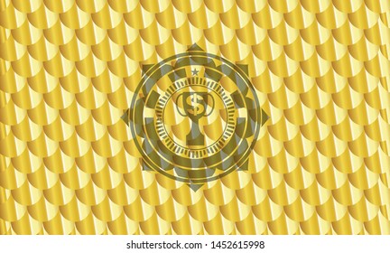 trophy with money symbol inside icon inside gold badge. Scales pattern. Vector Illustration. Detailed.