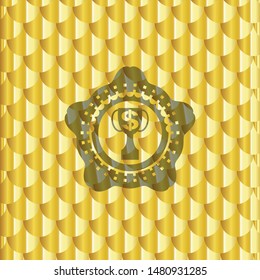  trophy with money symbol inside icon inside golden emblem. Scales pattern. Vector Illustration. Detailed.