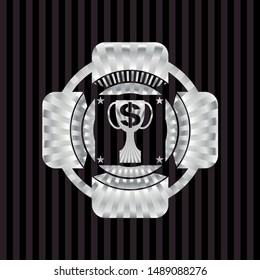 trophy with money symbol inside icon inside silvery emblem or badge