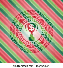 trophy with money symbol inside icon inside christmas colors badge.