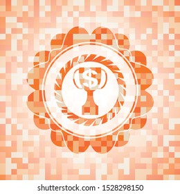 trophy with money symbol inside icon inside orange mosaic emblem
