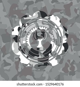 trophy with money symbol inside icon inside grey camo emblem