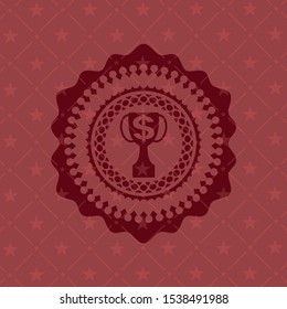 trophy with money symbol inside icon inside red emblem. Retro