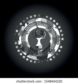 trophy with money symbol inside icon inside grey camouflage texture