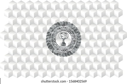 trophy with money symbol inside icon inside grey badge with geometric cube white background