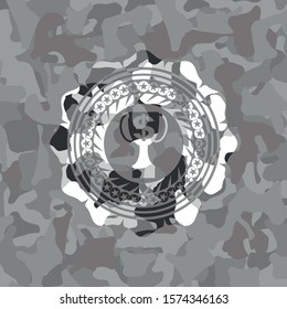 trophy with money symbol inside icon on grey camouflage texture